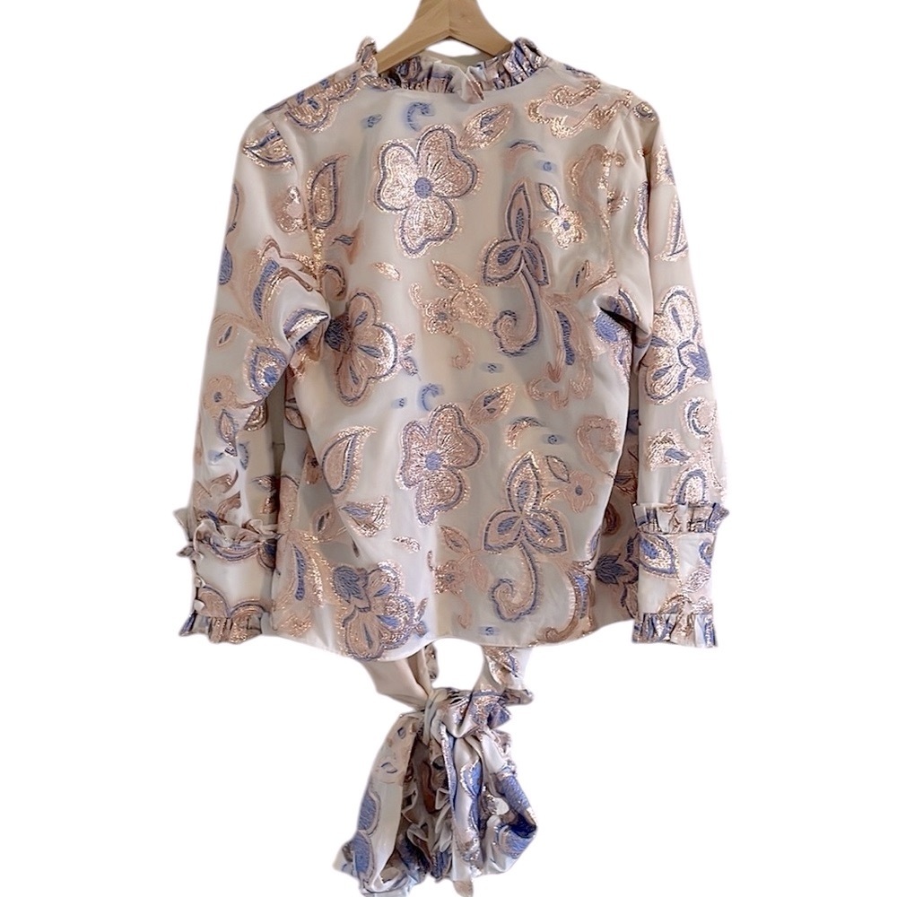 Alexis Pink Paisley Satin Ruffle Tie-Front Blouse - Picture 7 of 11